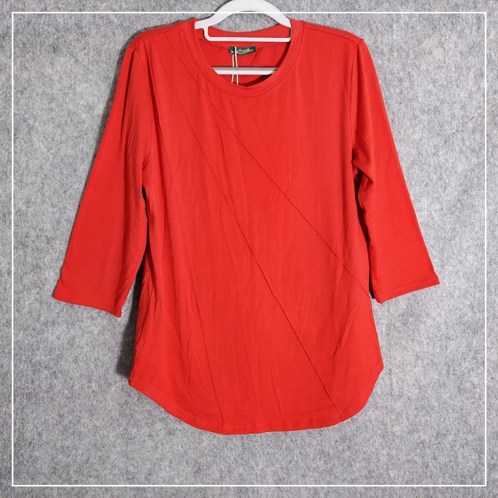 Ofeefan Top Womens Medium Red 3/4 Sleeve Crew Neck Diagonal Seam Tunic Shirt
